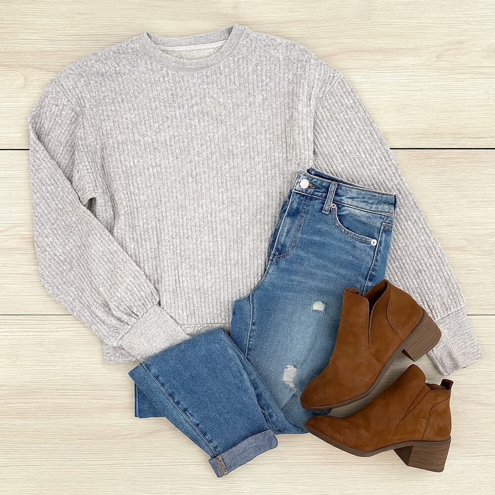 Project Social T Womens Small Waffle Knit Thermal Long Sleeve Top Gray Solid